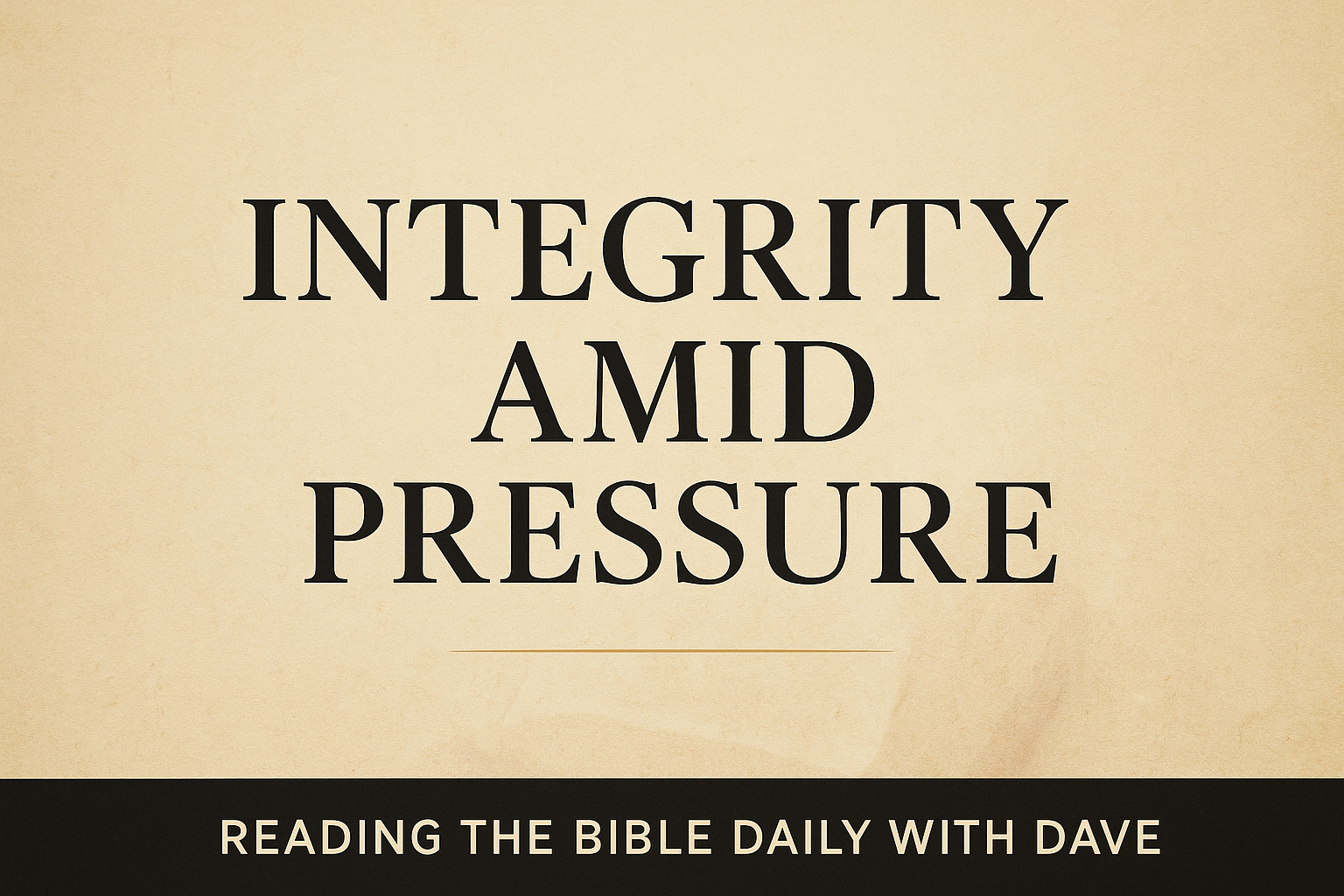 A warm parchment background with the bold stacked words “Integrity Amid Pressure” centered in a serif font, a thin gold line beneath the text, and a dark charcoal footer bar displaying the phrase “Reading the Bible Daily with Dave” in soft white lettering.