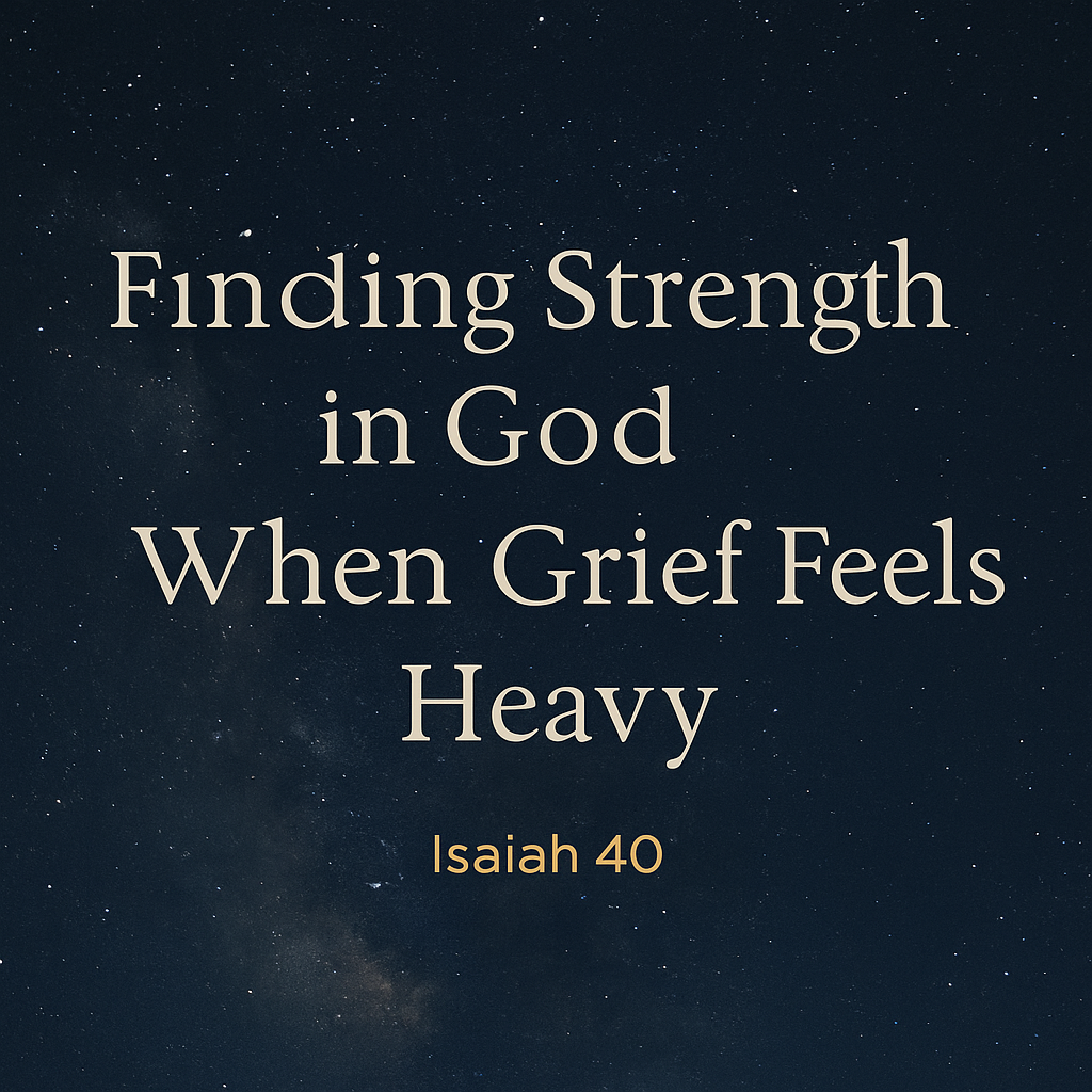 A quiet night sky filled with stars, symbolizing God’s majesty and His tender care in suffering. Text reads: ‘Finding Strength in God When Grief Feels Heavy — Isaiah 40.’ A simple gold footer notes the Advent series.