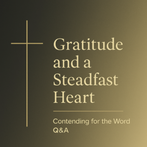 A minimalist Christian thumbnail featuring a centered thin gold cross on a soft gradient background that fades from deep charcoal to warm gold. To the right, the title “Gratitude and a Steadfast Heart” appears in elegant gold serif lettering with a thin gold separator line beneath it. Below the line reads “Contending for the Word Q&A” in a smaller clean sans serif font. The overall style is simple, modern, and reverent.