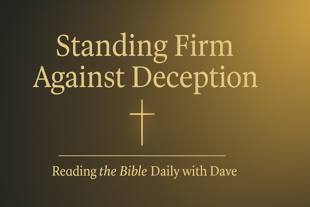 Standing Firm Against Deception: Lessons from Nehemiah 6 1 A minimalist Christian thumbnail with a soft charcoal-to-gold gradient background. A thin gold cross stands centered. The title “Standing Firm Against Deception” appears above the cross in elegant gold serif text, with a small gold divider line beneath it and the subtitle “Reading the Bible Daily with Dave” written below. The overall style is clean, warm, and theological.