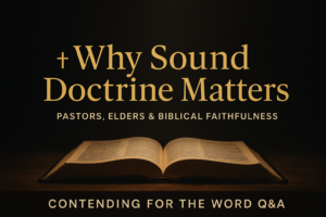 A dark cinematic thumbnail featuring an open Bible on a wooden table with warm lighting. Centered gold text reads “Why Sound Doctrine Matters,” with a subtitle underneath that says “Pastors, Elders & Biblical Faithfulness.” At the bottom, a dark bar displays the text “Contending for the Word Q&A.” The style is serious, pastoral, and reverent.