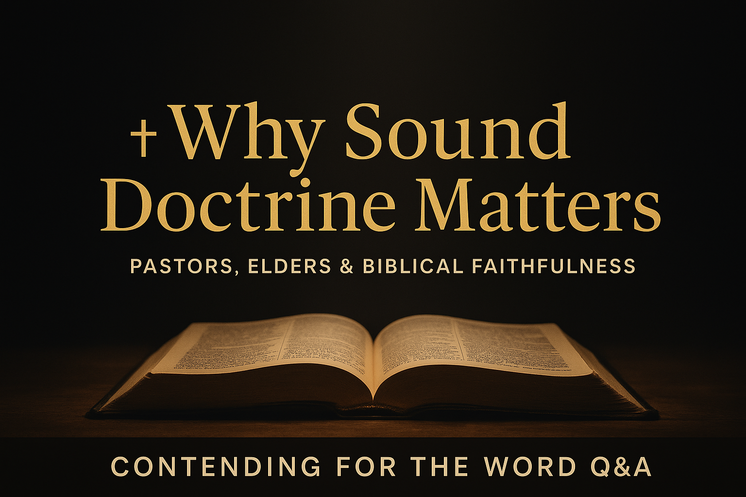 A dark cinematic thumbnail featuring an open Bible on a wooden table with warm lighting. Centered gold text reads “Why Sound Doctrine Matters,” with a subtitle underneath that says “Pastors, Elders & Biblical Faithfulness.” At the bottom, a dark bar displays the text “Contending for the Word Q&A.” The style is serious, pastoral, and reverent.