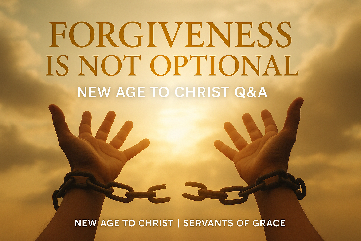 Two hands breaking free from chains against a glowing sky with sunlight breaking through clouds, symbolizing freedom and forgiveness. Text overlay reads “Forgiveness Is Not Optional,” subtitle “New Age to Christ Q&A,” and footer “New Age to Christ | Servants of Grace.