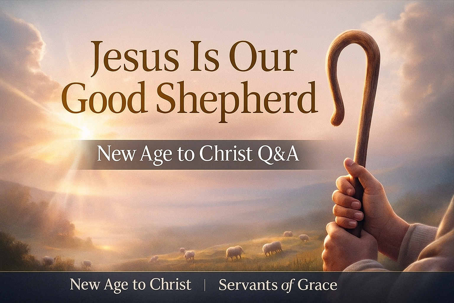 Illustration of a shepherd’s staff held gently over soft clouds, sunlight streaming through, symbolizing Jesus as the Good Shepherd guiding His sheep. Text reads “Jesus Is Our Good Shepherd, New Age to Christ Q&A.