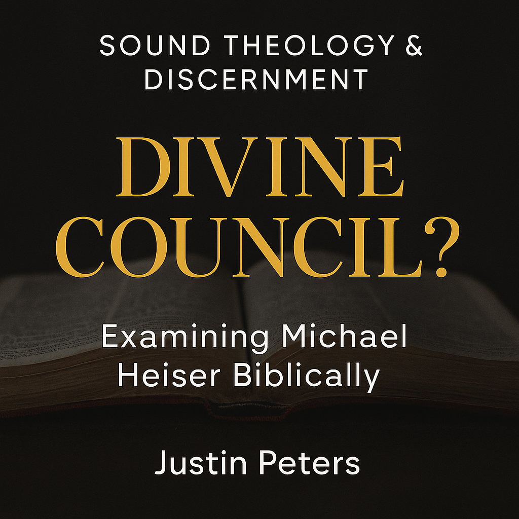 A thumbnail featuring an open Bible in soft focus with a dark background. The title text reads “Divine Council?” in large gold serif letters. Above it, smaller white text says “Sound Theology & Discernment,” and below it the subtitle reads “Examining Michael Heiser Biblically.” The name “Justin Peters” appears at the bottom in white text.