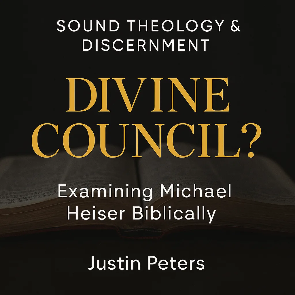 A thumbnail featuring an open Bible in soft focus with a dark background. The title text reads “Divine Council?” in large gold serif letters. Above it, smaller white text says “Sound Theology & Discernment,” and below it the subtitle reads “Examining Michael Heiser Biblically.” The name “Justin Peters” appears at the bottom in white text.