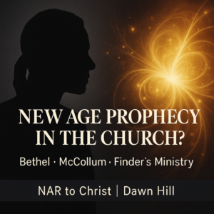 A thumbnail highlighting a contrast between a dark silhouette of a person listening on the left and glowing abstract spiritual light patterns on the right. The centered text reads “New Age Prophecy in the Church?” with a subtitle “Bethel • McCollum • Finder’s Ministry.” A footer bar at the bottom says “NAR to Christ | Dawn Hill.