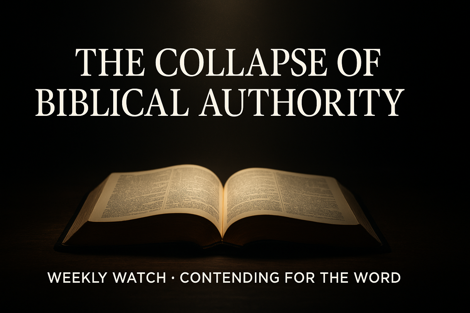 Thumbnail showing an open Bible illuminated by a single warm overhead light against a dark, vignetted background. Overlay text reads ‘The Collapse of Biblical Authority’ with Weekly Watch and Contending for the Word branding.