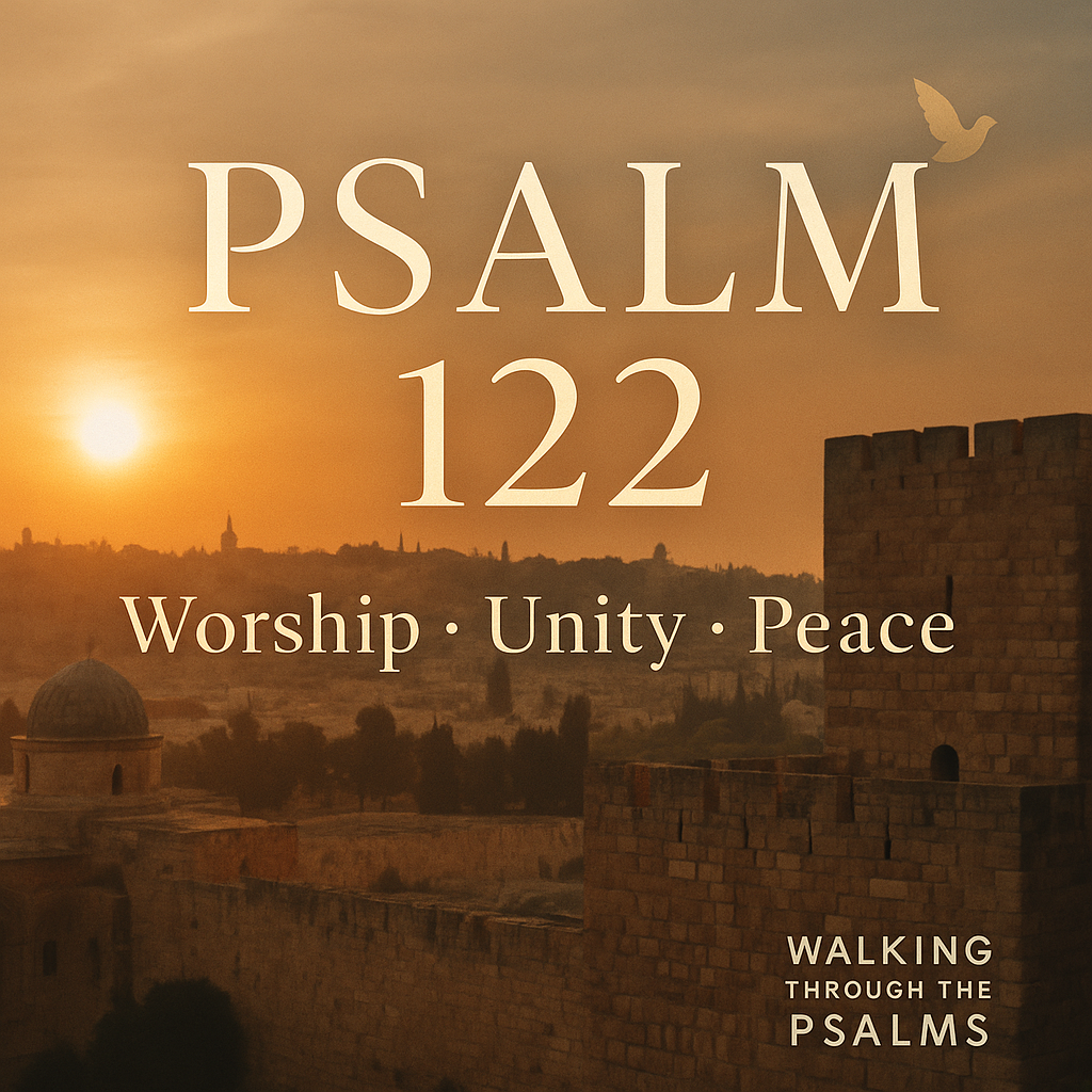 A warm sunrise behind ancient Jerusalem stone walls with the words “Psalm 122” and “Worship • Unity • Peace” in elegant lettering.