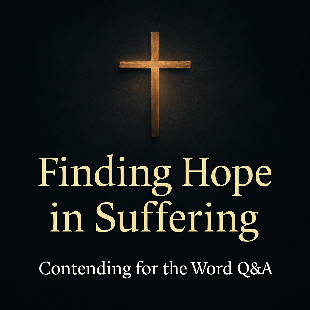 A dark textured background with a glowing cross in the center. The text reads “Finding Hope in Suffering” and below it “Contending for the Word Q&A.