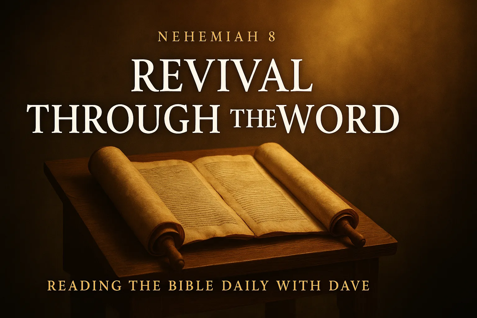 An open ancient scroll rests on a wooden lectern with warm golden light shining across it. The background is softly blurred with a warm brown tone. Text above the scroll reads “Nehemiah 8” in gold, the large centered title says “Revival Through the Word” in white serif letters, and the bottom reads “Reading the Bible Daily with Dave” in gold. The design feels reverent, biblical, and historic.