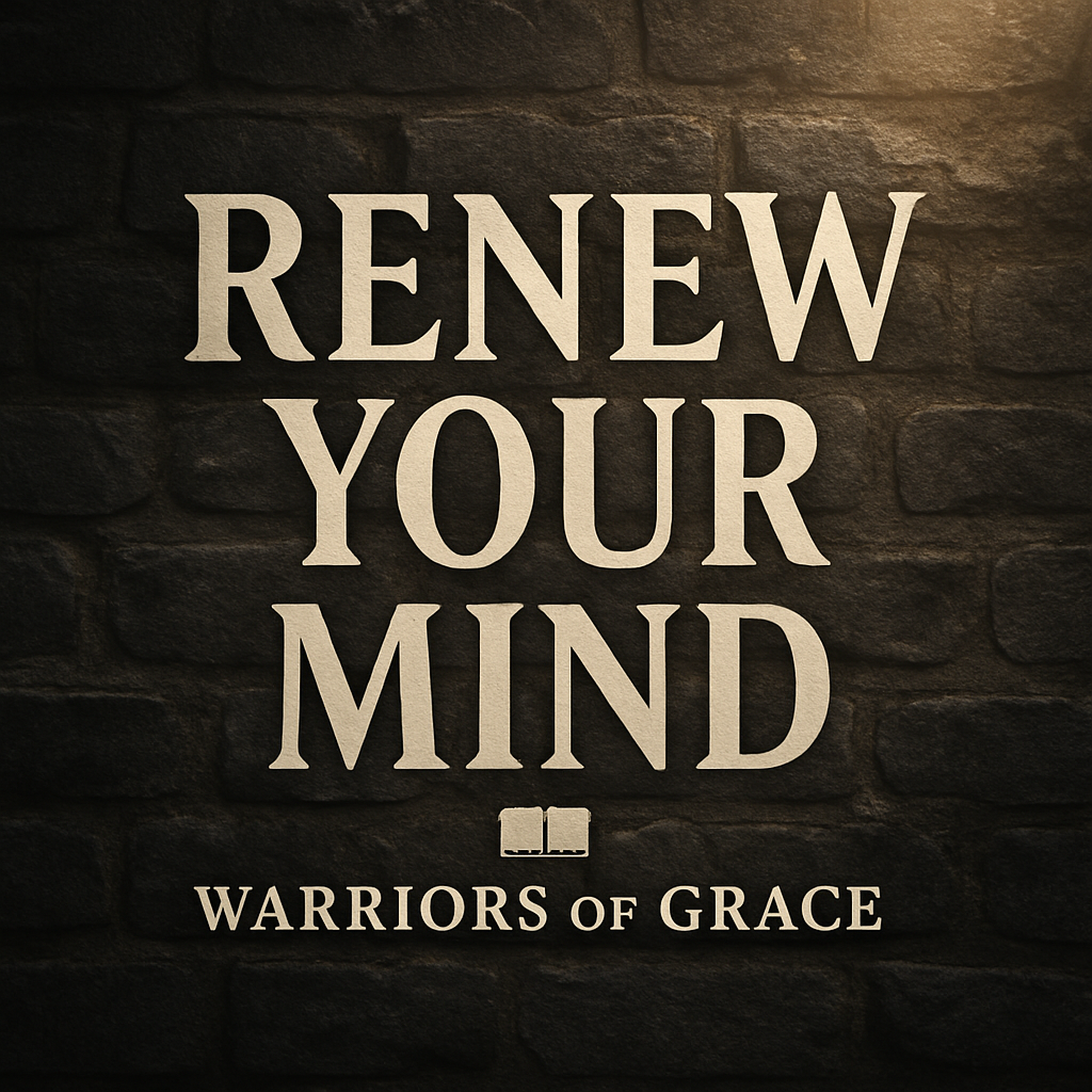 A rugged dark stone background with warm light shining from the top right and bold serif text reading “Renew Your Mind” with a small open Bible icon and the words “Warriors of Grace” beneath it.