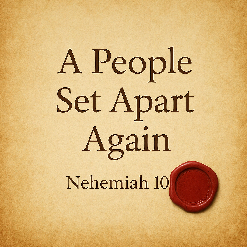 A parchment background with a wax seal and stylized text reading “A People Set Apart Again, Nehemiah 10,” symbolizing covenant renewal in Scripture.