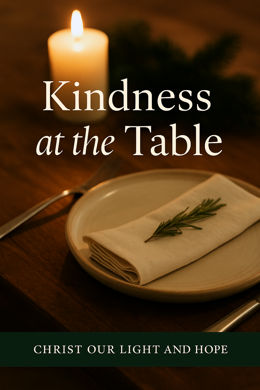 A warmly lit dinner table with a single place setting, a folded napkin with a sprig of rosemary, and a glowing candle in the background. The text reads “Kindness at the Table” with a dark green footer bar that says “Christ Our Light and Hope.
