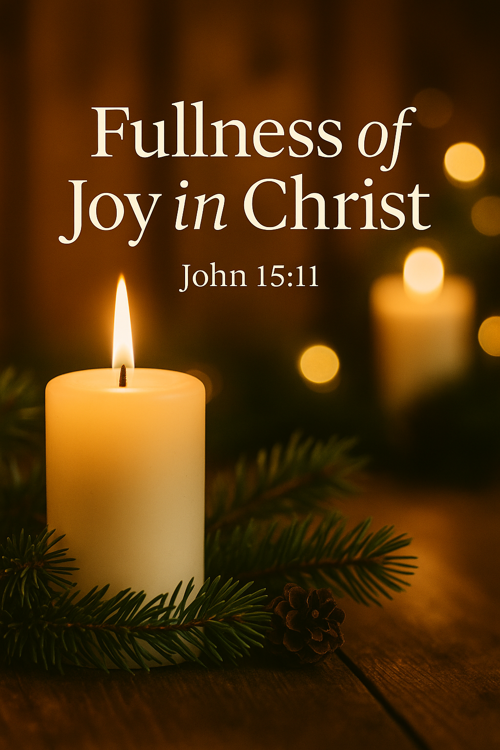 A warm candlelit Christmas scene with evergreen branches and soft golden light, featuring the title “Fullness of Joy in Christ” and the Scripture reference John 15:11.