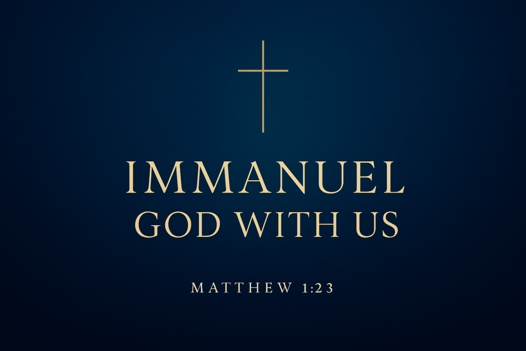 Immanuel: God With Us in Our Need 5 A minimalist gold cross centered over a deep blue Advent background with elegant text reading “Immanuel: God With Us” and “Matthew 1:23.” The tone is reverent, modern, and reflective of the Advent season.