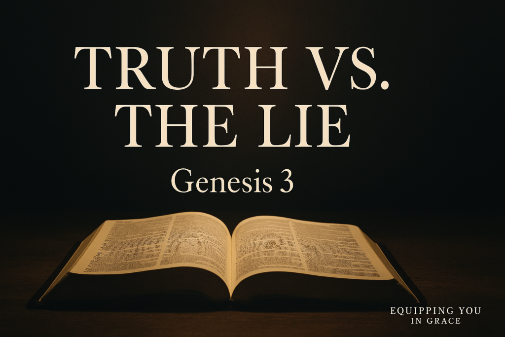 Truth vs. The Lie: Understanding the Fall in Genesis 3 1 A thumbnail with an open Bible illuminated by warm light on a dark background, featuring bold white text reading “Truth vs. The Lie” with smaller text “Genesis 3” and Equipping You in Grace branding.