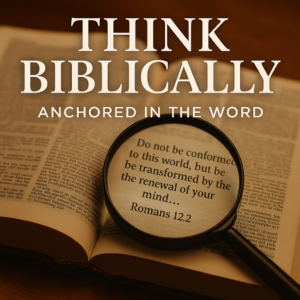 A warm-toned image of an open Bible with a magnifying glass placed over Romans 12:2, clearly showing the words, “Do not be conformed to this world, but be transformed by the renewal of your mind.” Above the Bible, bold serif text reads, “Think Biblically,” with the subtitle “Anchored in the Word” below it.