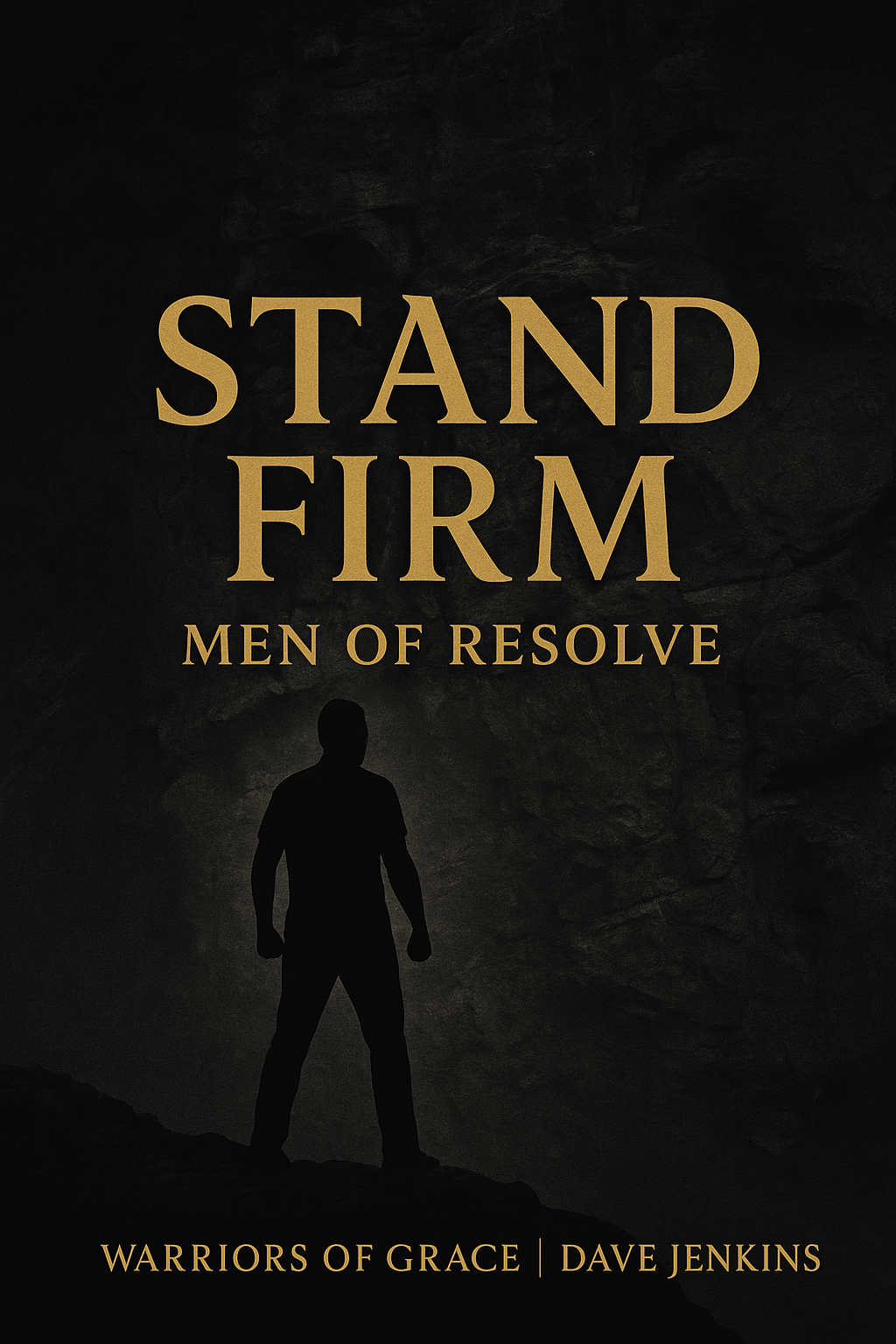 A dark rugged stone cliff with a bold silhouette of a man standing firm. Large gold serif text reads ‘Stand Firm’ with the subtitle ‘Men of Resolve,’ and the bottom text reads ‘Warriors of Grace | Dave Jenkins.’ The design conveys strength, conviction, and biblical masculinity.