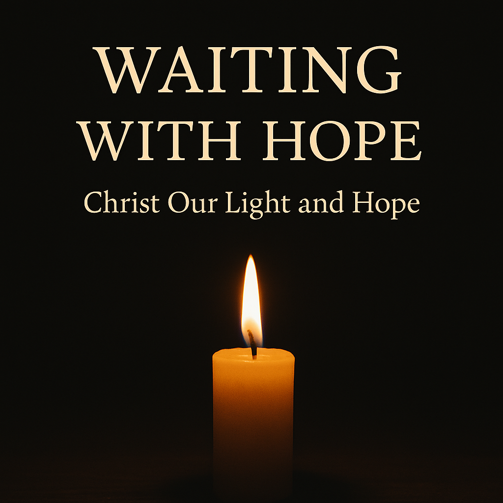 A single lit candle in a dark room with the title “Waiting with Hope” symbolizing Advent longing and anticipation.