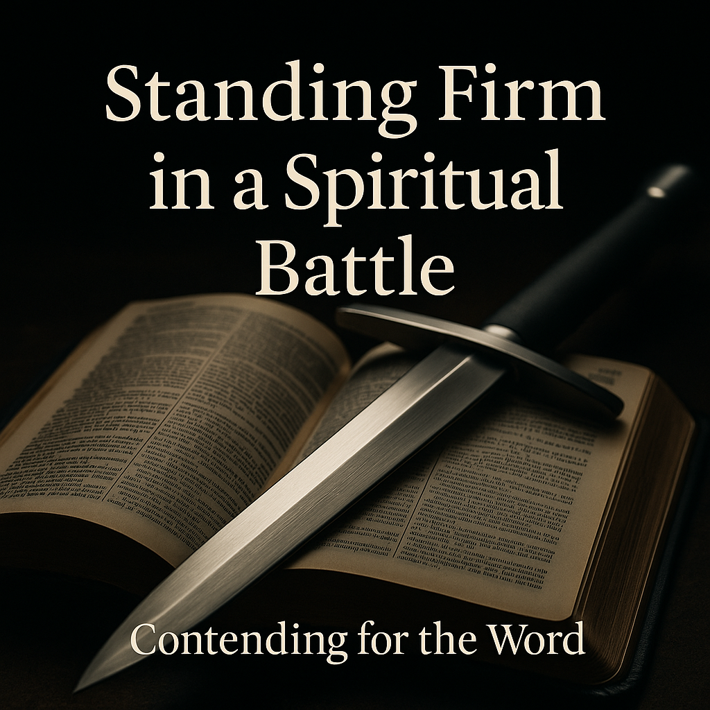 A close up image of an open Bible with a modern steel sword resting diagonally across the pages. The scene is lit with warm dramatic lighting against a dark background. Text on the image reads “Standing Firm in a Spiritual Battle” with “Contending for the Word” beneath.