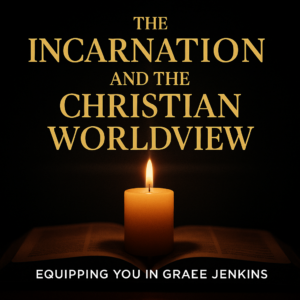 A square podcast thumbnail with a black background showing a realistic candle illuminating an open Bible. Above the candle is bold gold serif text reading ‘The Incarnation and the Christian Worldview,’ and beneath it in white sans-serif text reads ‘Equipping You in Grace | Dave Jenkins.’ The tone is reverent, warm, and theological.