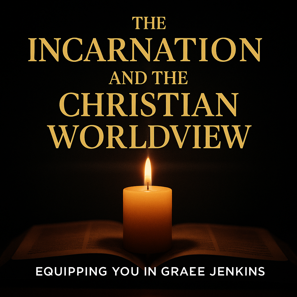 A square podcast thumbnail with a black background showing a realistic candle illuminating an open Bible. Above the candle is bold gold serif text reading ‘The Incarnation and the Christian Worldview,’ and beneath it in white sans-serif text reads ‘Equipping You in Grace | Dave Jenkins.’ The tone is reverent, warm, and theological.