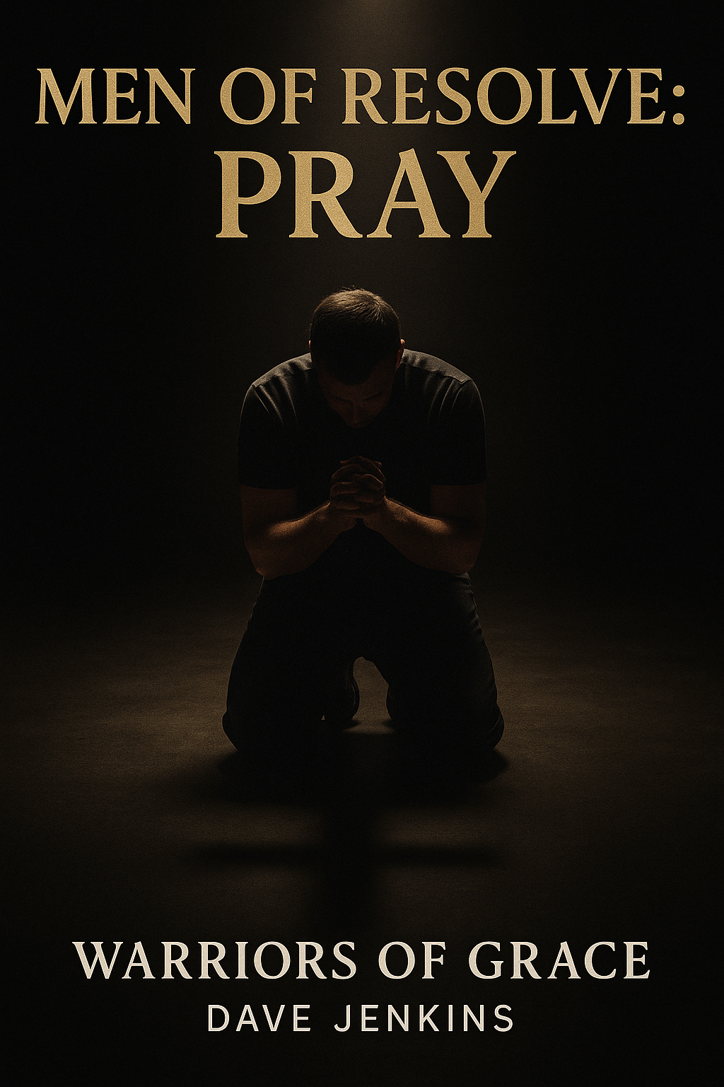 A man kneeling in prayer in dramatic lighting with a cross-shaped shadow behind him and the title ‘Men of Resolve: Pray.