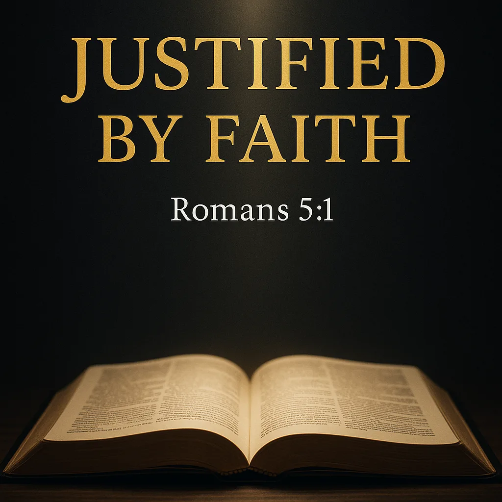 A dark charcoal background with an open Bible softly lit at the bottom. Above the Bible, bold gold text reads ‘Justified by Faith,’ with smaller white text below that says ‘Romans 5:1.’ At the bottom, small white text reads ‘Anchored in the Word | Dave Jenkins.’ The style is simple, reverent, and high contrast.