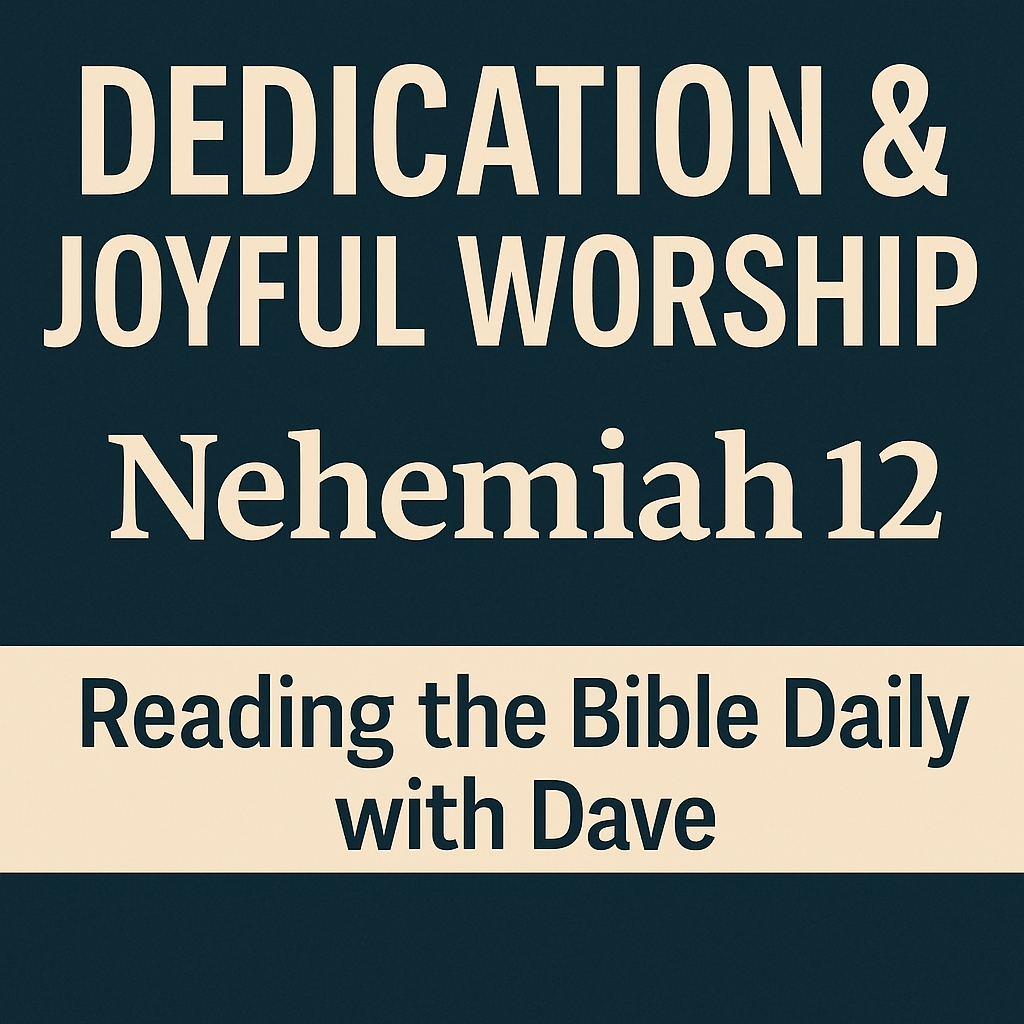A dark, reverent background with warm lighting and bold text that reads “Dedication & Joyful Worship — Nehemiah 12,” designed for the Reading the Bible Daily with Dave devotional series.