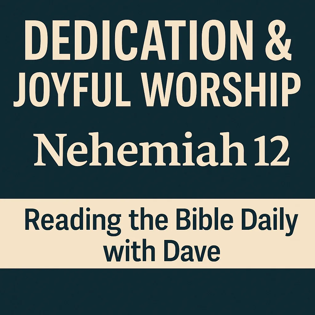 A dark, reverent background with warm lighting and bold text that reads “Dedication & Joyful Worship — Nehemiah 12,” designed for the Reading the Bible Daily with Dave devotional series.
