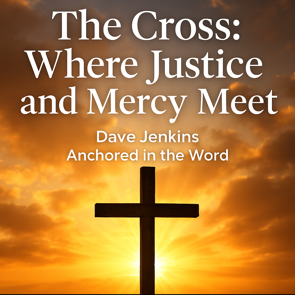 A wooden cross illuminated by sunrise light, symbolizing God’s justice and mercy meeting at Calvary through Christ’s sacrifice.