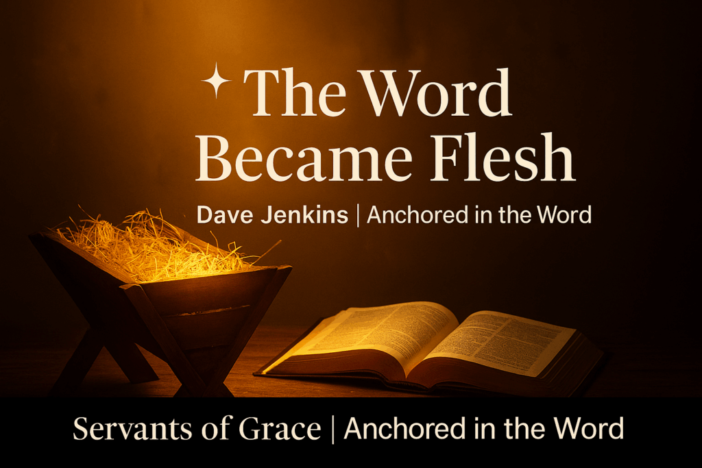 An open Bible beside a manger glowing with golden light, symbolizing the incarnation of Christ — the Word made flesh who brings grace and truth to the world.