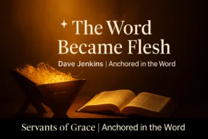 An open Bible beside a manger glowing with golden light, symbolizing the incarnation of Christ — the Word made flesh who brings grace and truth to the world.