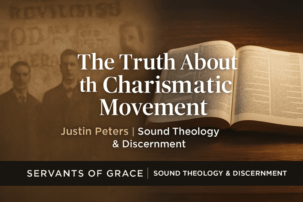 Split thumbnail showing a faded vintage revival-poster look on the left and a brightly lit open Bible on a wooden table on the right, with the text ‘The Truth About the Charismatic Movement – Justin Peters | Sound Theology & Discernment