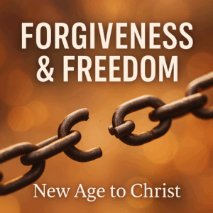 Broken metal chain link against a warm golden bokeh background with the text ‘Forgiveness & Freedom — New Age to Christ,’ symbolizing freedom and release through forgiveness.