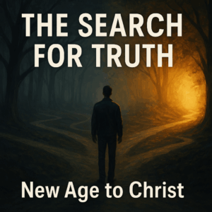 A person standing before several branching paths in dim lighting, with warm golden light breaking through on one clear path symbolizing Jesus as the true way.