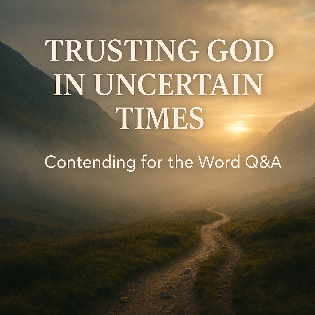 A foggy mountain path with warm light breaking through clouds, symbolizing hope and trust in God during uncertain times, with text reading ‘Trusting God in Uncertain Times’ for a Contending for the Word Q&A episode