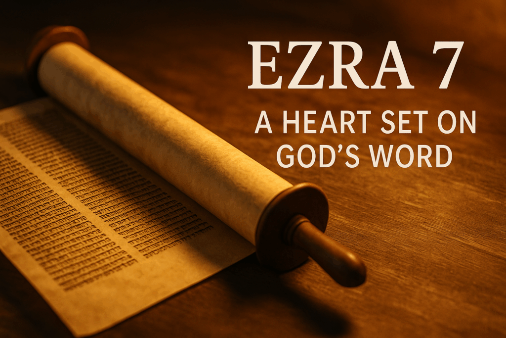 Open ancient scroll on a wooden table with warm golden light shining across it, with text ‘Ezra 7’ and ‘A Heart Set on God’s Word.