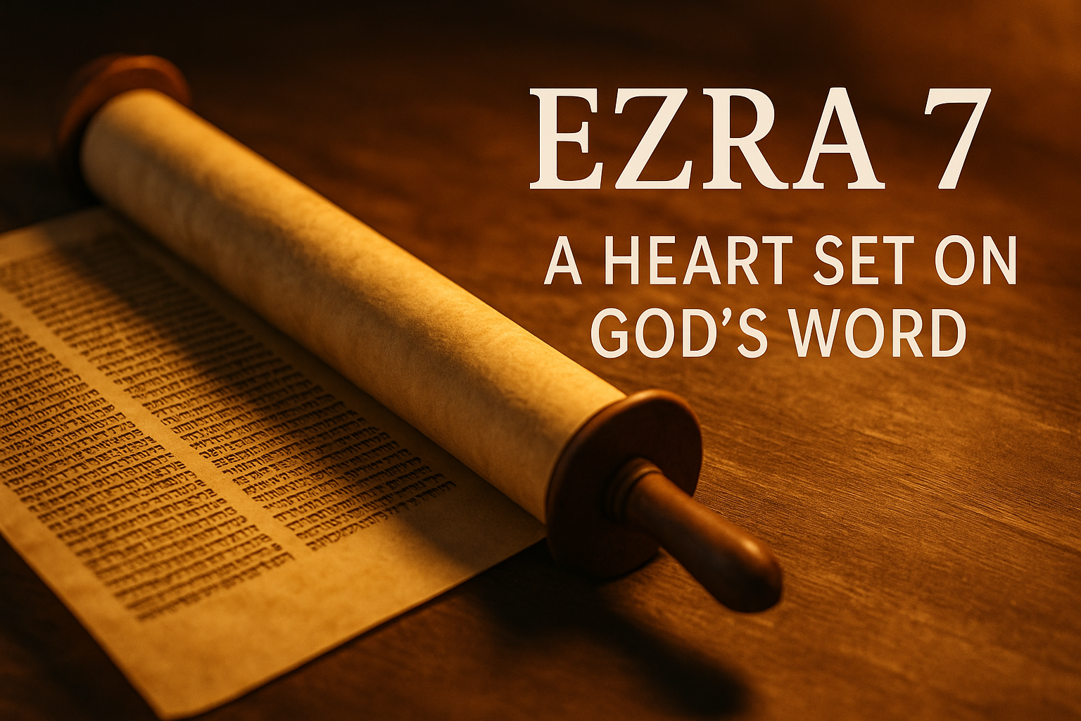 Open ancient scroll on a wooden table with warm golden light shining across it, with text ‘Ezra 7’ and ‘A Heart Set on God’s Word.