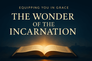 A warm golden light rises from behind an open Bible on a deep blue background, with the title ‘The Wonder of the Incarnation’ in elegant serif text.