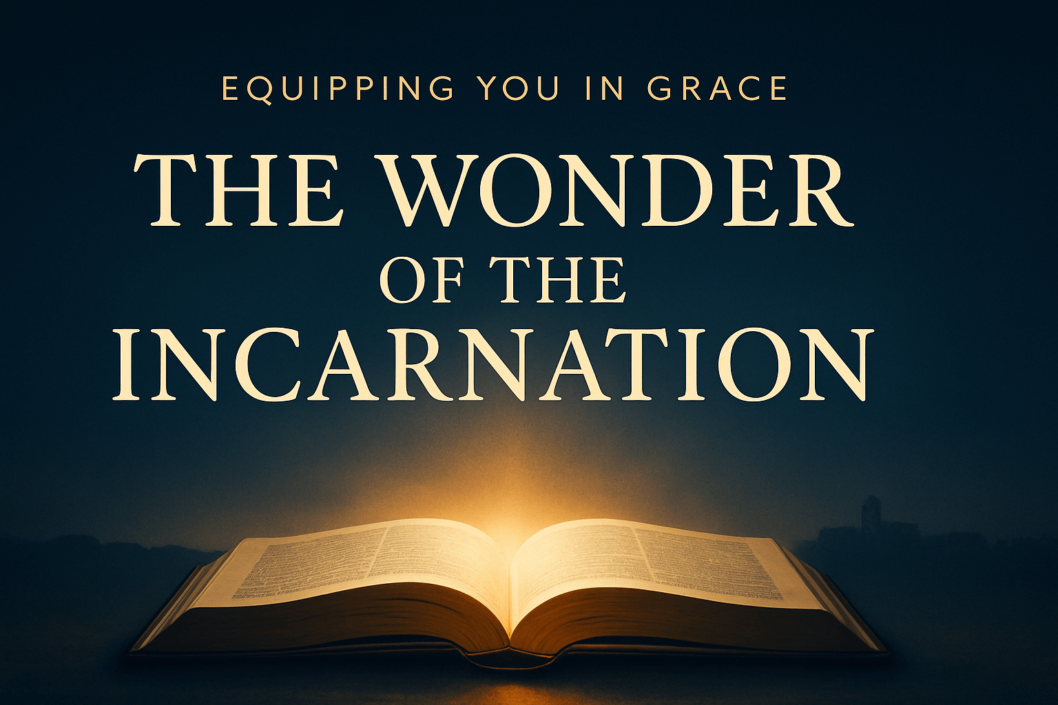 A warm golden light rises from behind an open Bible on a deep blue background, with the title ‘The Wonder of the Incarnation’ in elegant serif text.