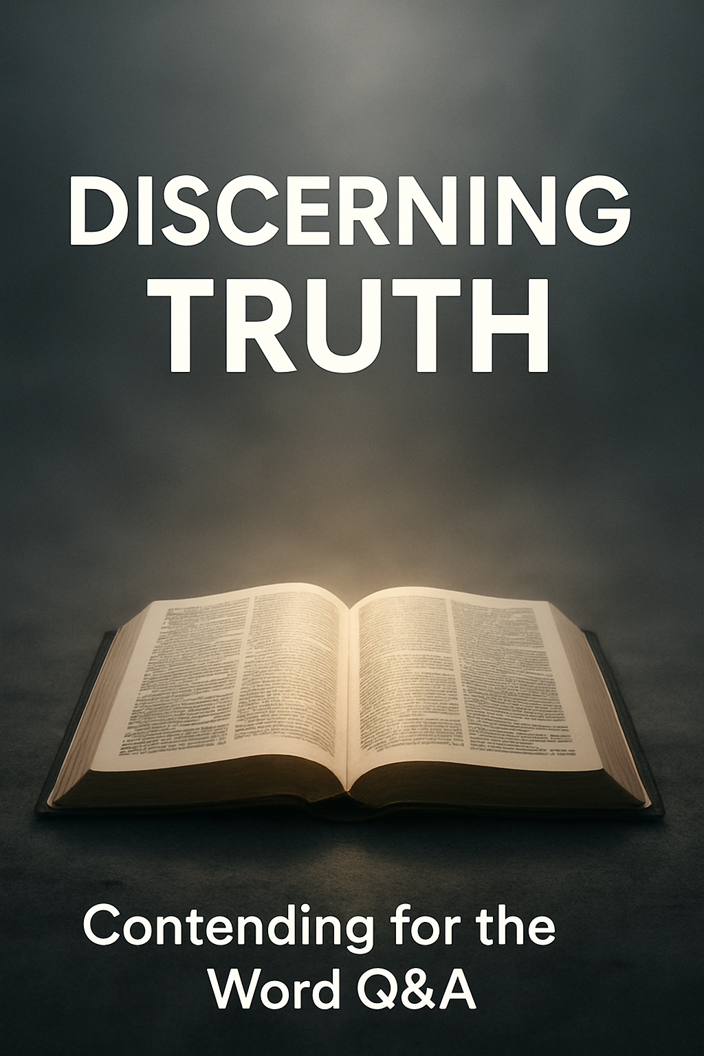 Open Bible in sharp focus with soft fog around it and warm light shining on the pages. Text reads ‘Discerning Truth’ with ‘Contending for the Word Q&A’ beneath.