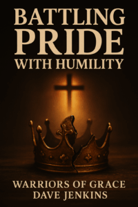 A cracked golden crown resting on a wooden surface with warm light shining behind a softly blurred cross, with the title ‘Battling Pride with Humility’ and ‘Warriors of Grace | Dave Jenkins’ displayed above and below.
