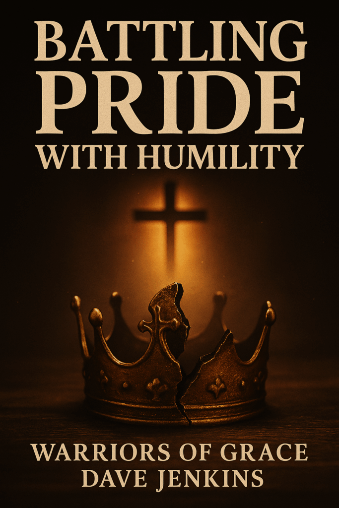 Battling Pride with Humility 1 A cracked golden crown resting on a wooden surface with warm light shining behind a softly blurred cross, with the title ‘Battling Pride with Humility’ and ‘Warriors of Grace | Dave Jenkins’ displayed above and below.