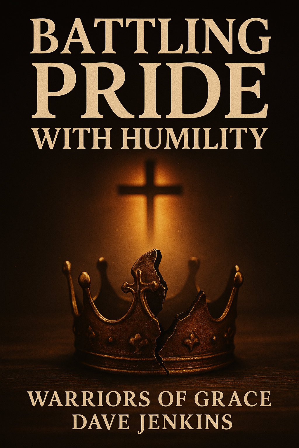 A cracked golden crown resting on a wooden surface with warm light shining behind a softly blurred cross, with the title ‘Battling Pride with Humility’ and ‘Warriors of Grace | Dave Jenkins’ displayed above and below.