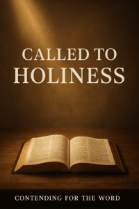 An open Bible on a wooden table illuminated by a warm golden light beam, with the title ‘Called to Holiness’ above and ‘Contending for the Word’ below