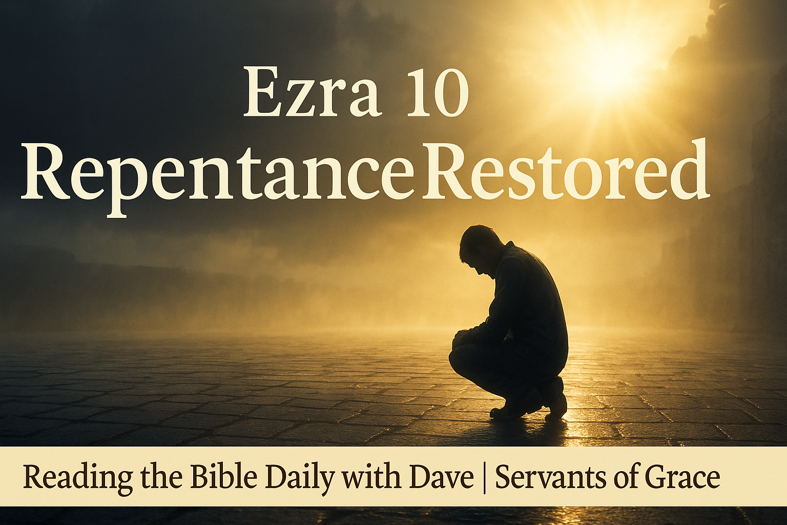 A kneeling silhouette illuminated by warm sunlight on a wet stone courtyard after rain, symbolizing restored repentance in Ezra 10.