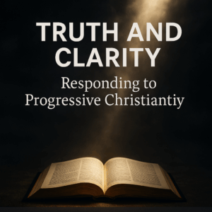 An open Bible illuminated by a bright beam of light against a dark cloudy background with the text ‘Truth and Clarity – Responding to Progressive Christianity’ and Servants of Grace branding.