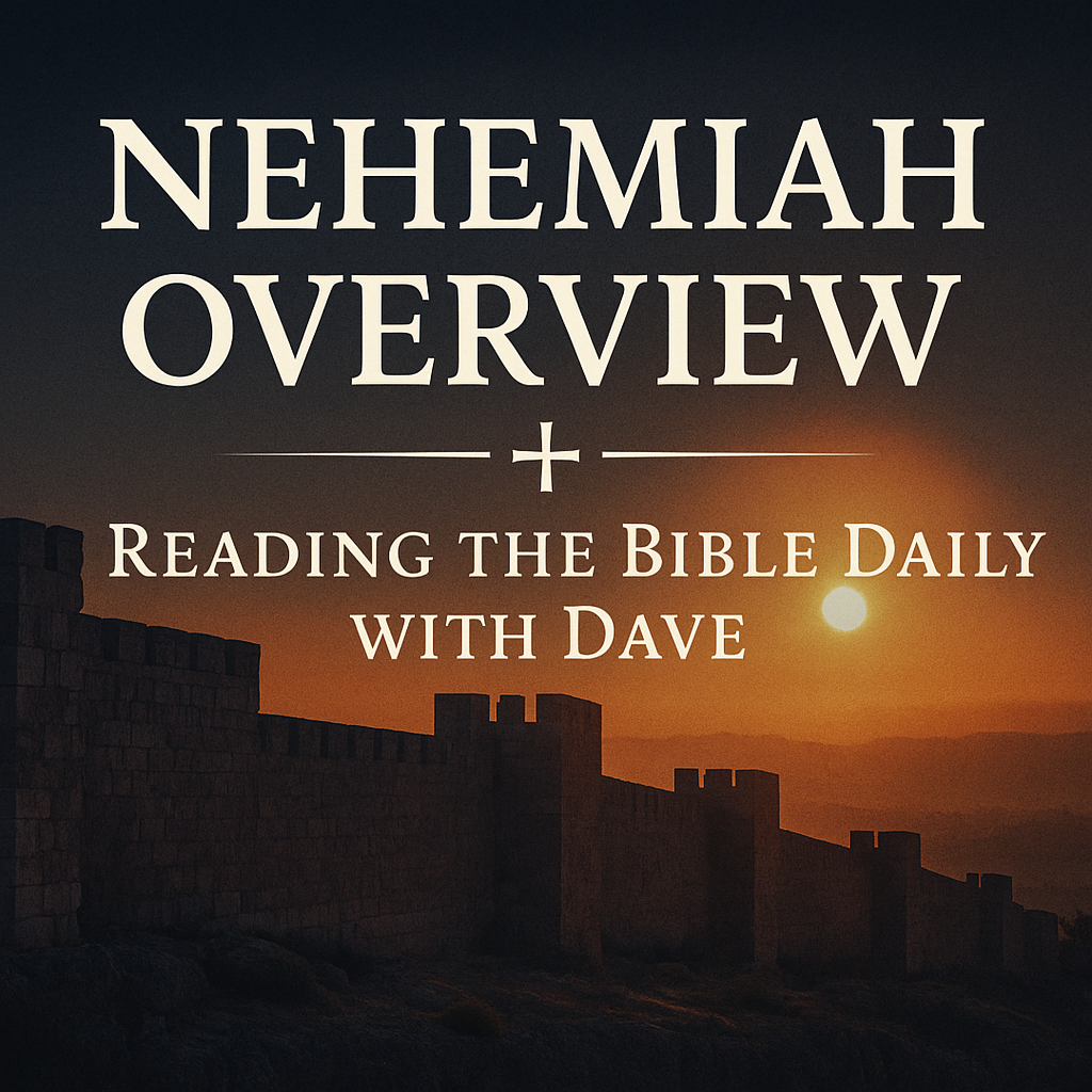 A warm sunrise over the ancient walls of Jerusalem with bold white text reading ‘Nehemiah Overview – Reading the Bible Daily with Dave,’ designed in a clean pastoral style.